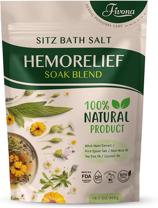 Fivona Sitz Bath Soak Blend for Hemorrhoids and Postpartum Recovery - Epsom Salt and Essential Oils Soaking Mix - 14.1 oz - Natural Care for Fissures and Bartholin Cysts