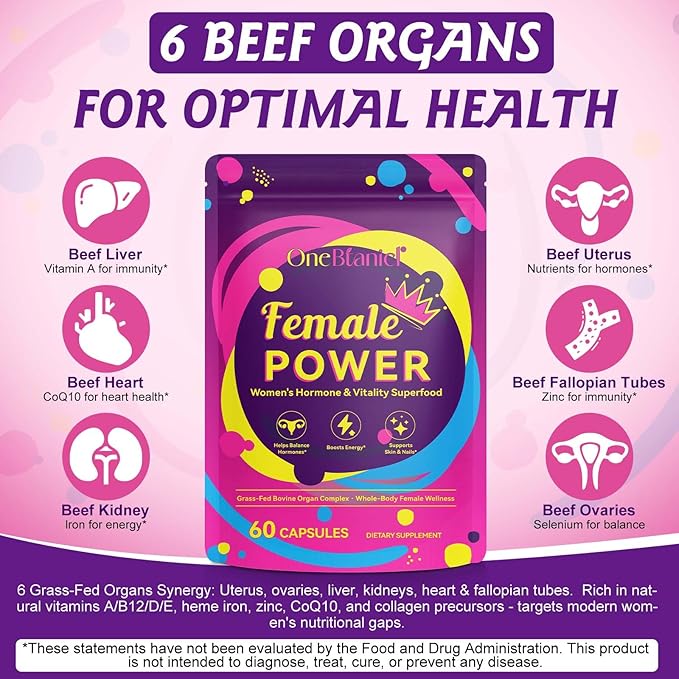 Beef Organ Supplement for Women, Natural Grass Fed Beef Liver Capsules,Supports Feminine Hormone Balance, Menstruation, Immunity, Skin, B12, Energy & Wellness