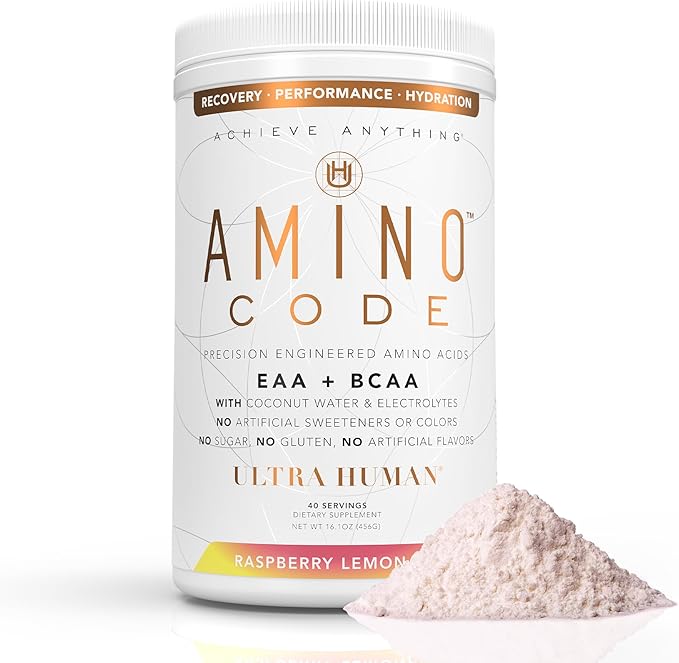 Ultra Human Amino Code | Essential Amino Acids + BCAAs + Coconut Water Electrolytes | Fast Hydration Workout Recovery Amino Energy Powder Drink | Clean Formula, 40 Servings - Raspberry Lemonade