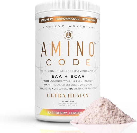 Ultra Human Amino Code | Essential Amino Acids + BCAAs + Coconut Water Electrolytes | Fast Hydration Workout Recovery Amino Energy Powder Drink | Clean Formula, 40 Servings - Raspberry Lemonade