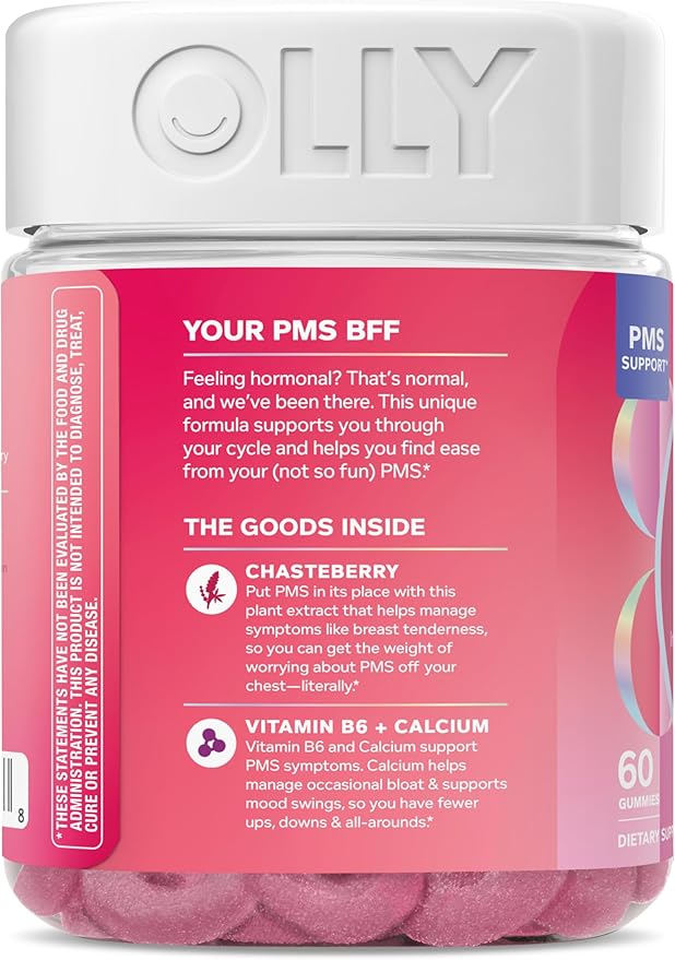 OLLY Period Hero Gummies, PMS Support Supplement,* Chasteberry, Vitamin B6, Calcium, Cran-Raspberry Flavor, 30 Day Supply - 60 Count