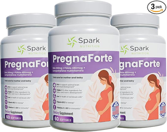Pregnaforte 1 a day Prenatal vitamins for women 2 month: Folic acid, Fish Oil Omega 3 DHA/EPA, D3, B6, B12, C, E, Calcium, Iron, Magnesium, Zinc supplement FSA HSA eligble multivitamin, Pack of 3