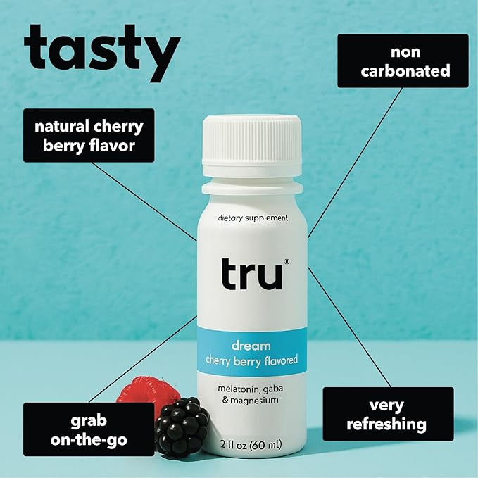 Tru Dream Shot, Cherry Berry Flavored Deep Sleep Aid Shots - Zero Sugar Calm Sleep Drink plus Melatonin, GABA, Chamomile - Caffeine Free, GF, Keto, Natural Flavors, Vegan Supplement, 2oz (Pack of 24)