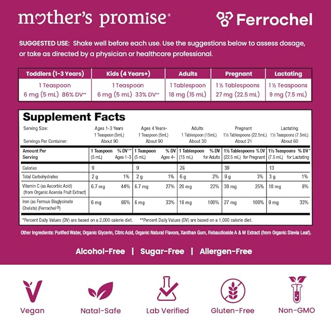 Organic Liquid Iron Supplement for Women, Men & Kids with Vitamin C | Sugar Free Natural Berry Flavor Non Constipating Vegan Ferrochel® Iron Supplements for Healthy Blood, Prenatal & Postnatal