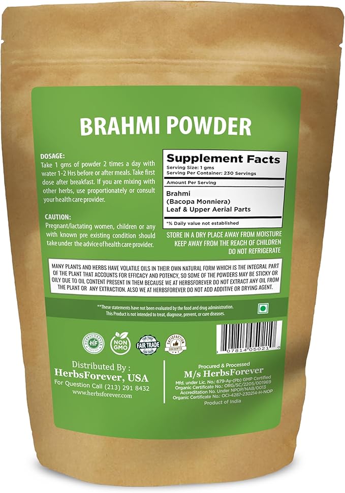 Brahmi Powder I 100% Pure Bacopa Monnieri I Natural Herbal Supplement – Non-GMO, Vegan, Gluten-Free I Supports Wellness – Premium Quality 230 GMS