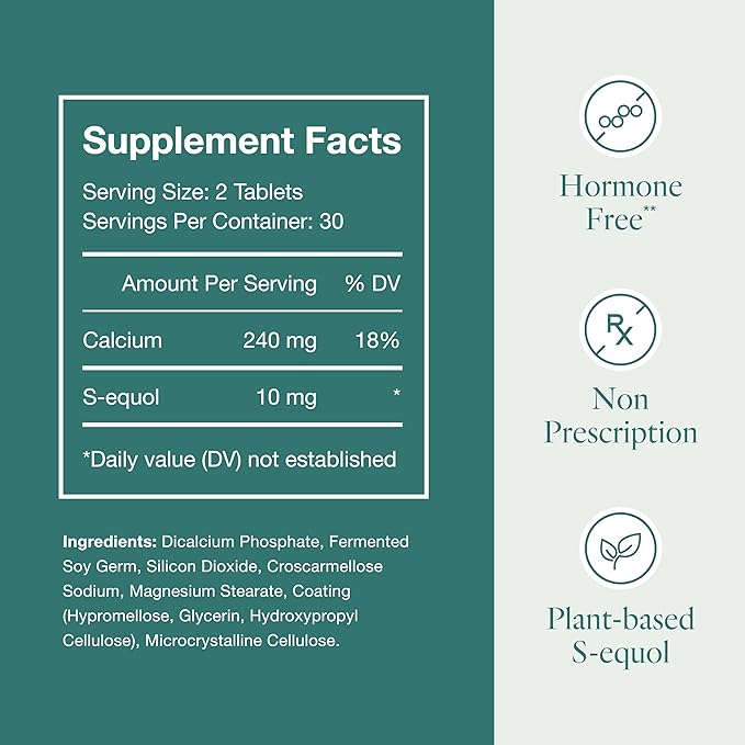 Equelle Multi-Symptom Menopause Relief Supplement for Women, Plant-Based S-Equol, Non-Hormonal & Non-Prescription, Fewer Hot Flashes, More Sleep, Relieves Muscle Aches, 60 Tablets