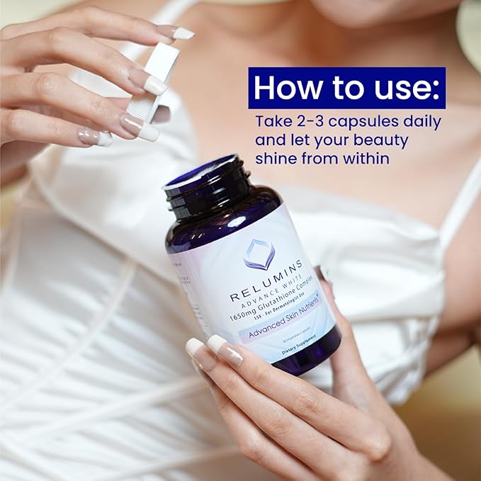 Relumins 1650mg L-Glutathione Complex with Hyaluronic Acid, Alpha Lipoic Acid, Rose HIPS, Vitamin E & Riboflavin – Antioxidant Support, Skin Hydration & Wellness – 90 Veggie Capsules x 5 Bottles