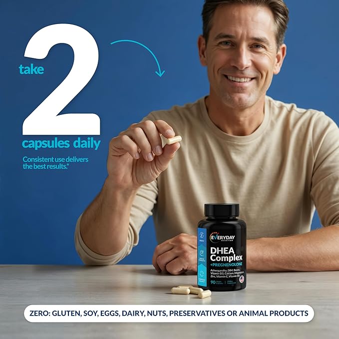 DHEA Micronized 200mg Complex with Pregnenolone 100mg Supplement for Men & Women with Ashwagandha, DIM, Magnesium, Boron, Calcium , Zinc, Vitamin D3, C and B6 Hormone Support - Made in USA 90 Capsules