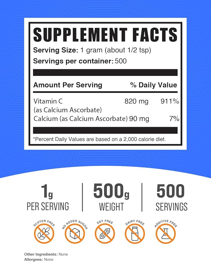 BulkSupplements.com Calcium Ascorbate Powder - Buffered Vitamin C, Calcium Supplement with Vitamin C - Gluten Free, 1g per Serving, 500g (1.1 lbs) (Pack of 1)