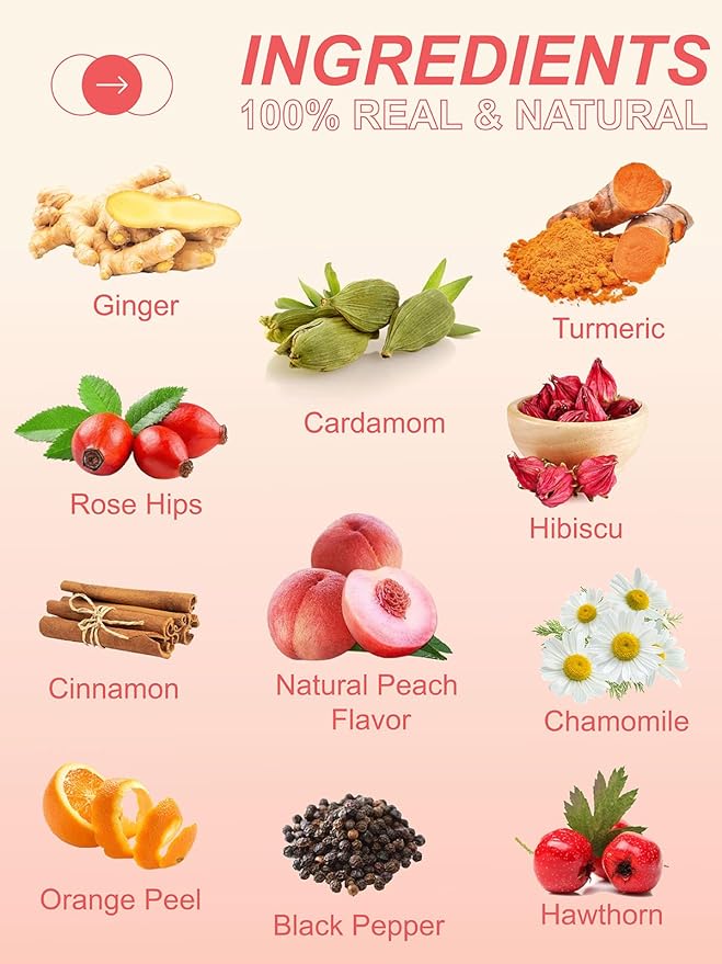 TeeLux Ginger Peach Turmeric Tea Bags, Warm Ginger with Tart Hibiscus & Soothing Chamomile, Tart & Sweet Flavor, Caffeine Free, 100 Count