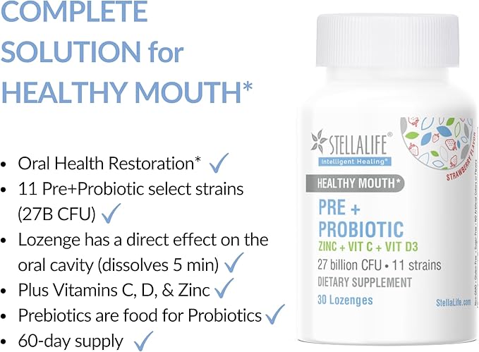 StellaLife Probiotics Oral PRE+PROBIOTICS LOZENGES: 27B CFU, 11 Strains, Dental Probiotics for Healthy Teeth/Gums, Bad Breath, VIT C & D, Zinc, Strawberry Flavor (30-Day Supply)