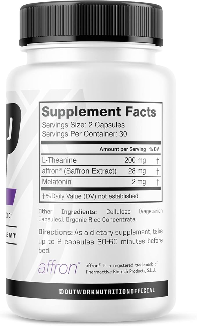 Outwork Nutrition Sleep Aid - Natural Melatonin, L-Theanine, Saffron Extract - Sleep Supplements for Adults - Boosts Sleep Quality & Time, Enhances Positive Mood - 60 Veg Capsules (Not Gummies)