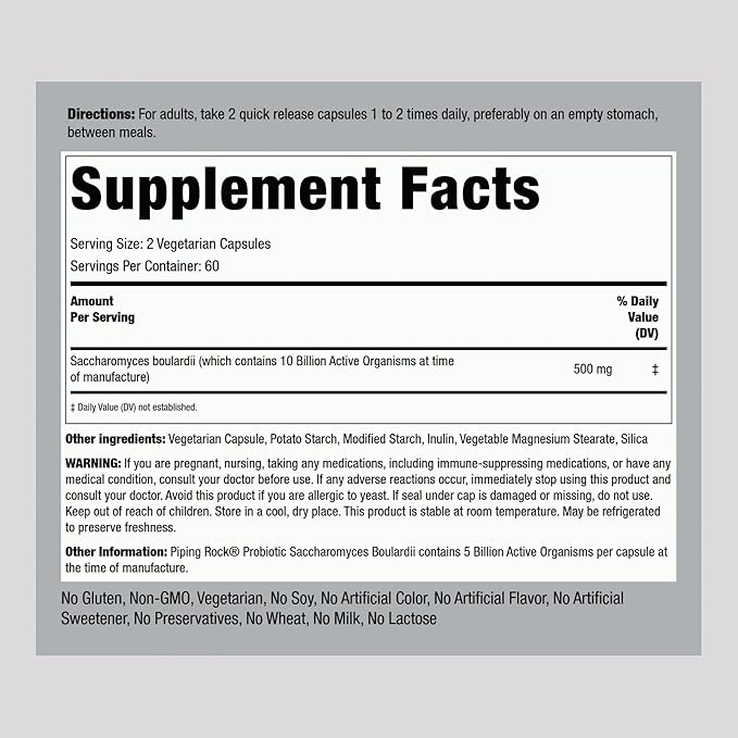 Piping Rock Saccharomyces Boulardii Probiotic Supplement | 5 Billion CFU | 120 Capsules | 250 mg | Vegetarian, Non-GMO, Gluten Free