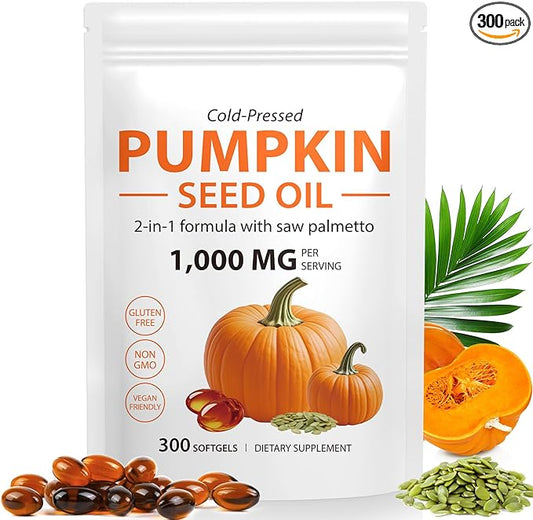 Pumpkin Seed Oil with Saw Palmetto Capsules,Pumpkin&Seed Oil 2 in 1 for Hair Growth,Cold Pressed,Supports Hair,Heart,Skin Supplement,Pumpkins Seed Extract Powder,PumpkinSeed Herbal Supplement 300 pcs