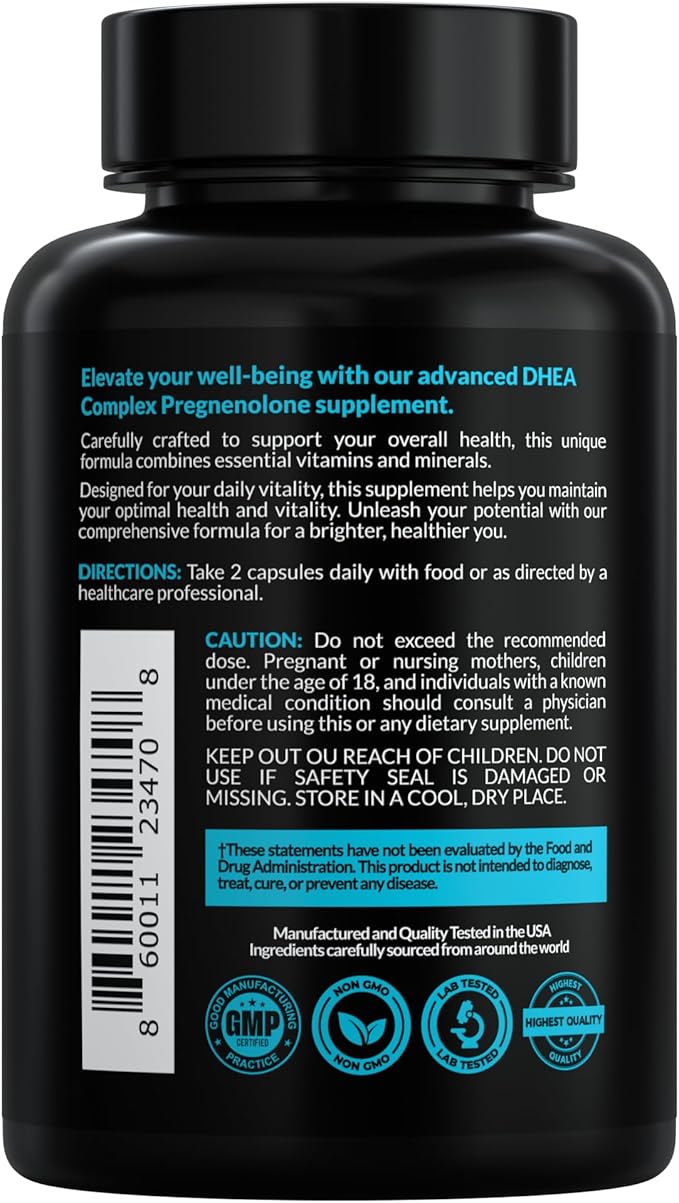 DHEA Micronized 200mg Complex with Pregnenolone 100mg Supplement for Men & Women with Ashwagandha, DIM, Magnesium, Boron, Calcium , Zinc, Vitamin D3, C and B6 Hormone Support - Made in USA 90 Capsules