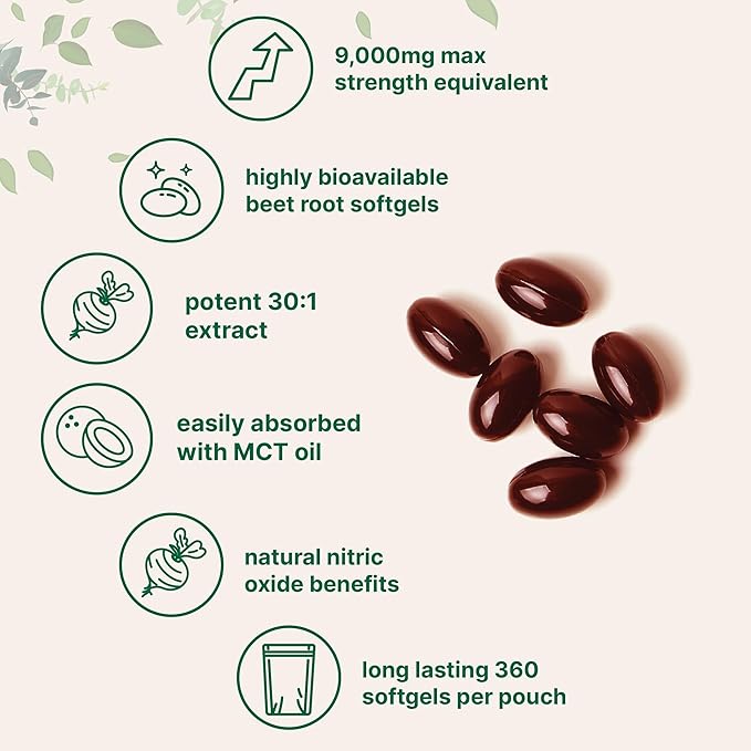 Beet Root 9,000mg Equivalent | 360 Softgels with MCT Oil | Highly Bioavailable | Max Strength | Super Beets Supplements | Fresh Beetroot Extract | Nitric Oxide, Blood Pressure, & Heart Health Support