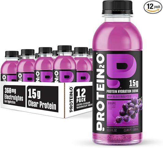 Protein2o Hydration Drink - 2-in-1 Liquid Clear Whey Protein Isolate and Electrolyte Drink - 15g Protein, Vitamins B5, B6 - Post-Workout Recovery - 16.9 Fl Oz - 12 Count Grape