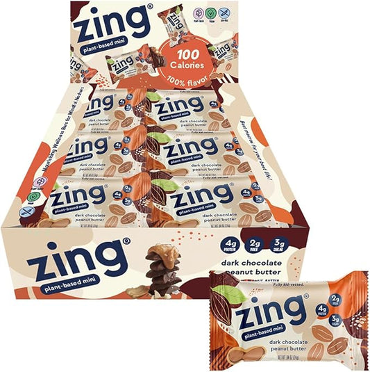 Zing Dark Chocolate Peanut Butter Kids Protein Bars, Gluten Free 100 Calorie Mini Bars with High Protein, Vegan Nutrition Bars, Dairy Free Plant Based Protein, Kosher, Low Sugar, No Sugar Alcohols - 18 count