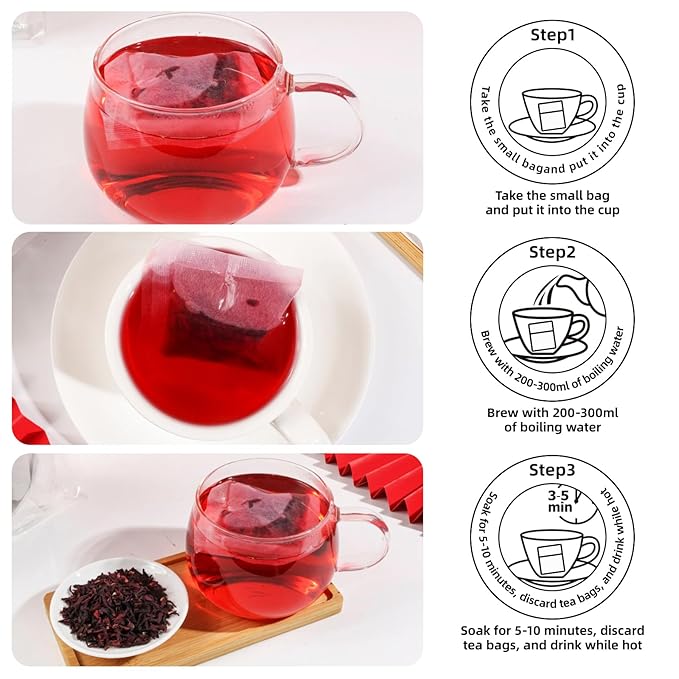 Premium Hibiscus Tea Bags, 60 Count, 100% Pure & Natural Dried Hibiscus Flowers - No Sugar, Caffeine-Free, Gluten-Free, Vegan. Tart & Refreshing, Ideal for Hot or Iced Tea, Rich in Natural Goodness