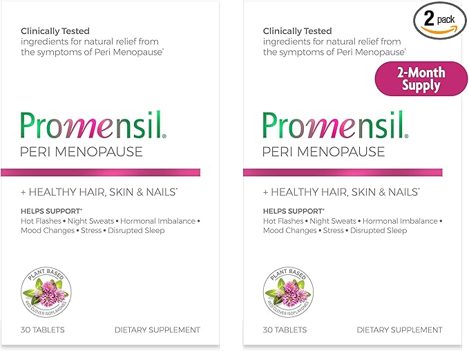 Promensil Perimenopause Supplements for Women- Red Clover Isoflavones Vitamins, Helps Support Hot Flashes, Night Sweats, Restlessness, Contains Biotin & Vitamin D- 30 Tablet Count, Pack of 2