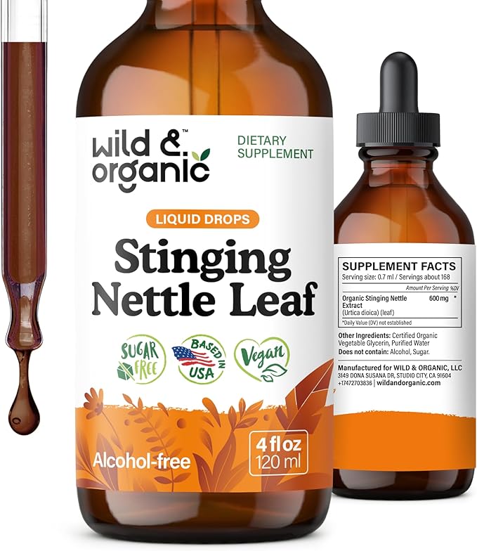 Wild & Organic Stinging Nettle Leaf Tincture - Urinary Tract Support - Stinging Nettle Extract Liquid Drops - Urtica Dioica Supplement - 5-Month Supply - Vegan, Sugar & Alcohol-Free - 4 fl oz