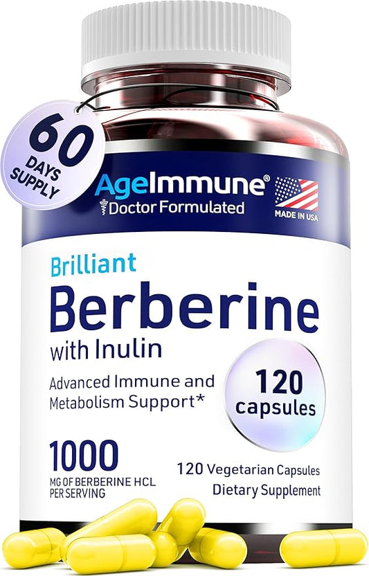 Berberine 1000mg Supplement Complex with Inulin Prebiotic - Each Capsule Contains Berberine 500mg - Doctor Formulated Supplements for High Absorption.