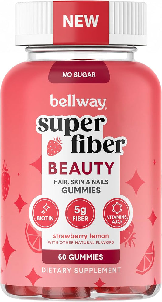 Bellway Super Fiber Gummies + Beauty – Sugar Free Fiber Supplement with Biotin & Vitamins A C E – Supports Digestive Health, Skin, Hair & Nails - 60 Count
