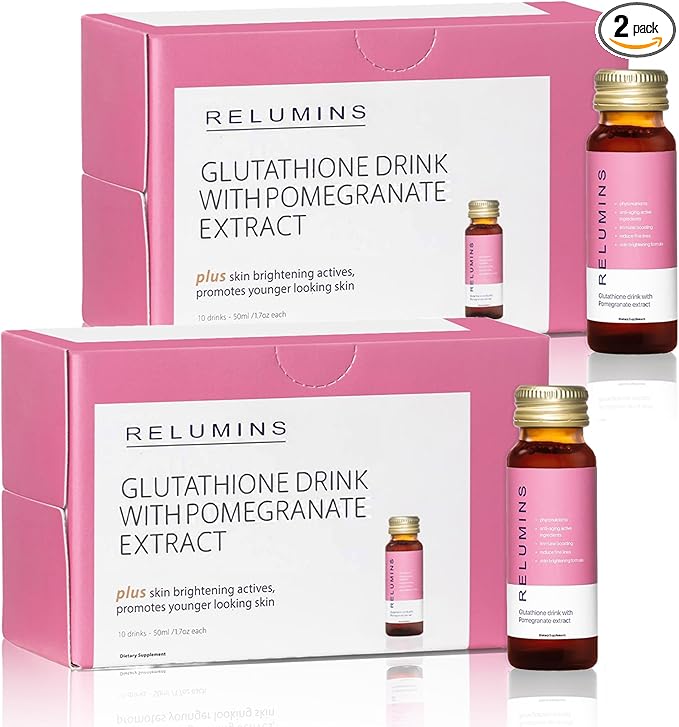 Relumins Glutathione Drink - Helps Promote Brighter, Boosts Skin Collagen Content, Increases Moisture for a Younger Looking Skin - Pomegranate Flavor, 50mL x 20 Gluta Shot Bottles