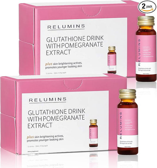 Relumins Glutathione Drink - Helps Promote Brighter, Boosts Skin Collagen Content, Increases Moisture for a Younger Looking Skin - Pomegranate Flavor, 50mL x 20 Gluta Shot Bottles