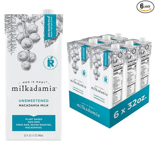 milkadamia Macadamia Milk - Unsweetened - 32 Fl Oz (Pack of 6) - Lactose Free, Vegan, Shelf Stable, Plant Based, Non Dairy, Dairy Free