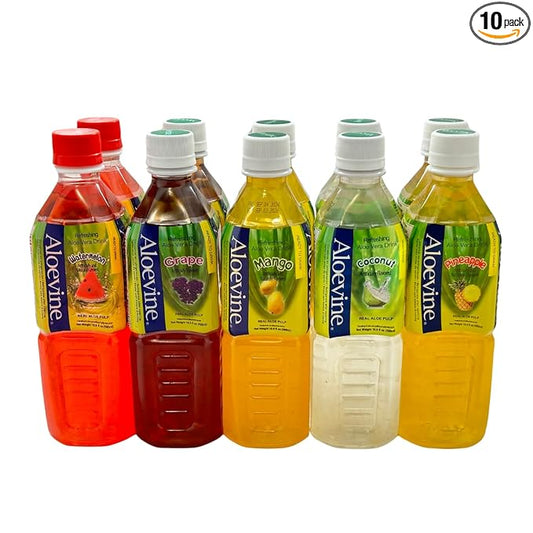Aloevine Fruity Fun Variety Pack |16.9 oz. pack of 10 l 2 watermelon, 2 grape, 2 mango, 2 coconut, 2 pineapple | plant based Vegetable Korean drinks