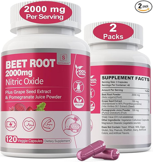 Beet Root Capsules 2000mg Nitric Oxide Supplements w/ Grape Seed Extract, Pomegranate Extract Supports Circulation & Blood Flow, Energy for Men/Women, Organic Beetroot Powder, Non GMO, 240 Counts
