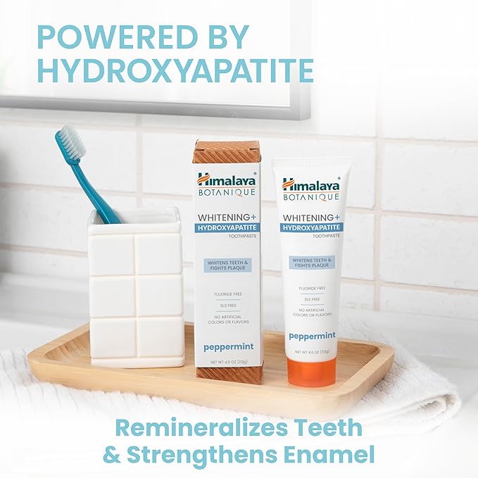 Himalaya Botanique Whitening + Hydroxyapatite Toothpaste, Peppermint - Nano Hydroxyapatite to Support Remineralization and Restore Enamel, Appropriate for Sensitive Teeth - Gluten Free, 4 oz, 4 Pack