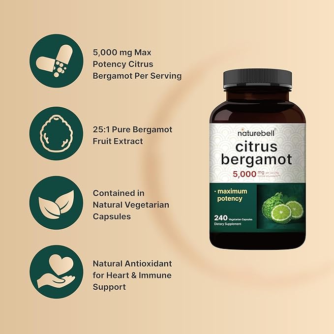 NatureBell Citrus Bergamot 5,000 mg Equivalent, 240 Veggie Capsules | Extra Strength 25:1 Fruit Extract – High Antioxidant Level – Heart & Immune Support Supplement – Vegan, Non-GMO