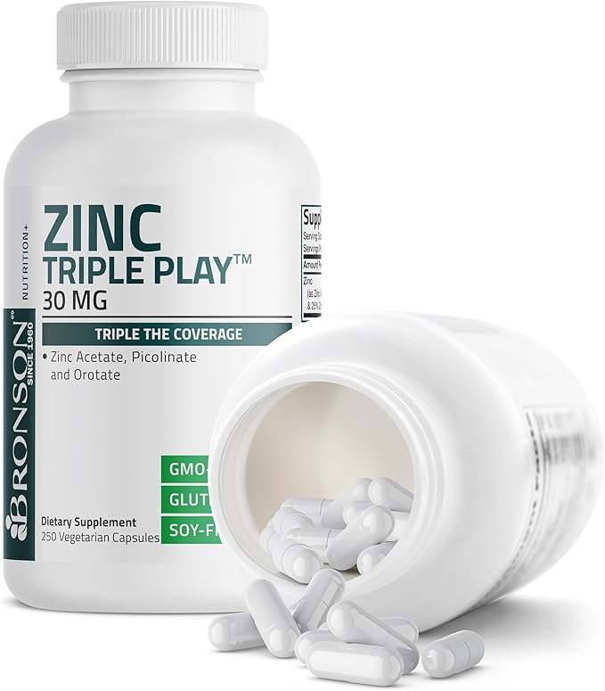 Bronson Zinc Triple Play 30mg Triple Coverage Immune Support with Zinc Acetate, Picolinate & Orotate - Immune, Antioxidant & Skin Health Support - 250 Vegetarian Capsules