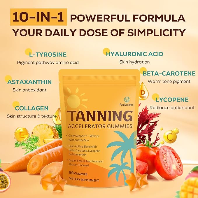 Tanning Gummies with Astaxanthin for Women and Men | Sunless Tanning Supplement with Beta Carotene, Lycopene, Collagen & Vitamins | Skin Radiance & Hydration | Vegan & Sugar Free - 60 Count