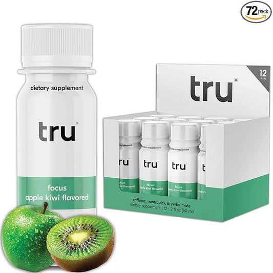Tru Focus Shots, Nootropic Energy Drink with Yerba Mate, L Theanine & Natural Caffeine, Vegan Wellness Shot with Zero Sugar & Calories, Gluten Free, Keto Friendly, Apple Kiwi Flavor, 2 FL OZ, 12 Pack