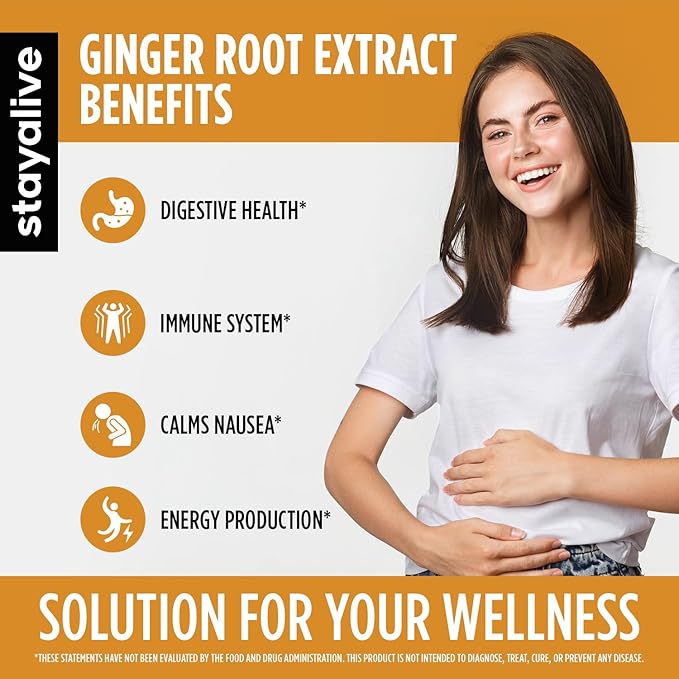 STAY ALIVE Pure Ginger Root Capsules 1000mg, 10:1 Extract Powder with 5% Gingerols, 120 Pills, Extra Strength Root Powder, Vegan, Non-GMO and Gluten-Free Ginger Supplement