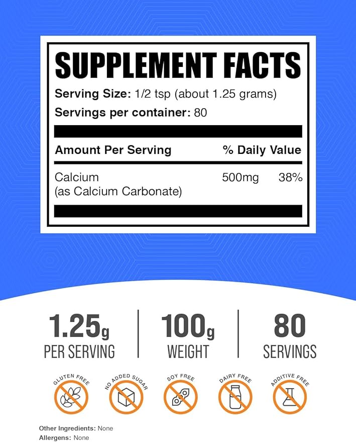BulkSupplements.com Calcium Carbonate Powder - Calcium Carbonate Food Grade, High Absorption - Gluten Free, 1.25g per Serving, 100g (3.5 oz) (Pack of 1)