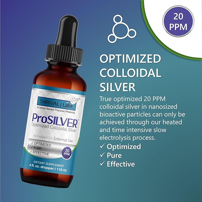 ProSILVER Blue Label 20 PPM True Colloidal Silver Liquid Drops (4oz Dropper), Optimized Bio-Active Nano-Sized Liquid Silver for Immune Support, Dark Glass Bottle - Thrival Labs (Plata coloidal)