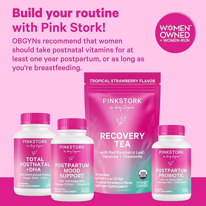 Pink Stork Total Postnatal Vitamins for Women - Mint Essenced Capsules with Vegan DHA, Iron, Folate, and Vitamin B12, Postpartum Recovery Essentials - 1 Month Supply