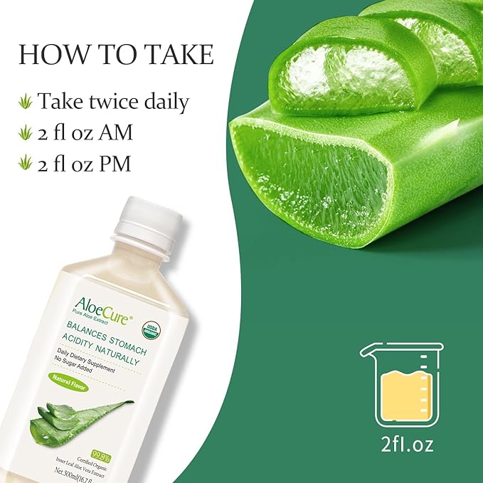 AloeCure USDA Organic Aloe Vera Juice Made Within 12 Hrs of Harvest - Pure Aloe Juice Natural Digestive Supplement to Support Digestion, Immune System and Balanced Stomach Acidity, 4 x 500ml Bottles