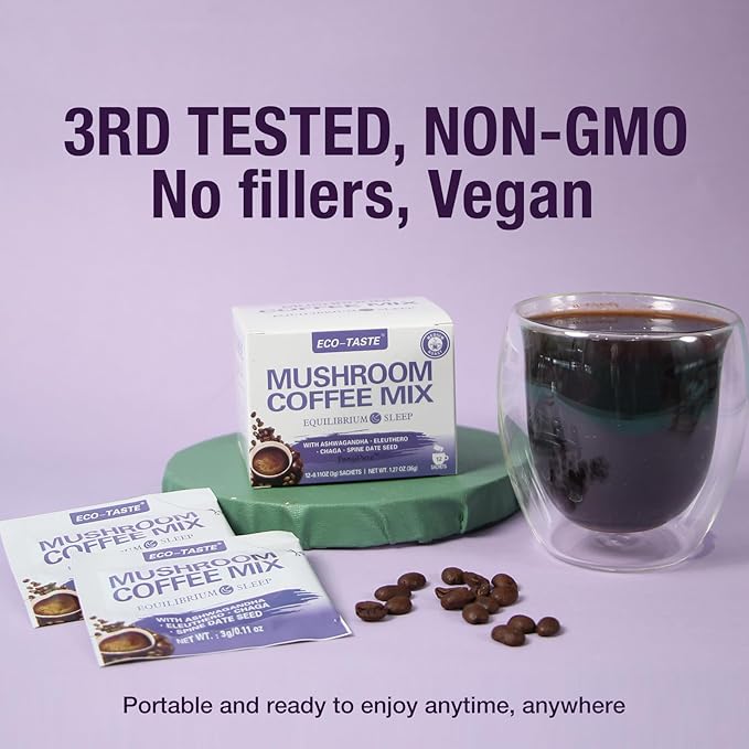 ECO-TASTE Mushroom Coffee Mix, Designed for Balance with Ashwagandha, Eleuthero, Chaga, Spine date seed – 12 Sachets