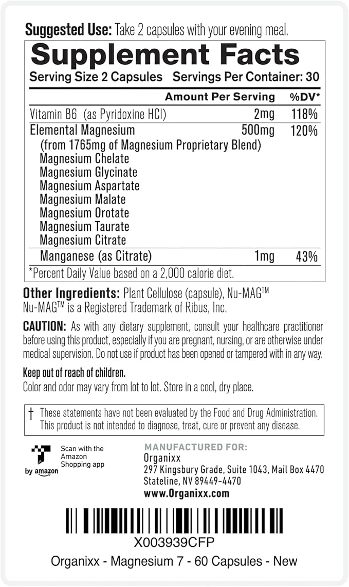 Organixx Magnesium 7 Supplement, Natural Magnesium Capsules for Sleep Support, Muscle Recovery, with Vitamin B6 and Manganese Citrate and Glycinate, Vegan, Non GMO, 180 Count (60 Capsule 3 Pack)