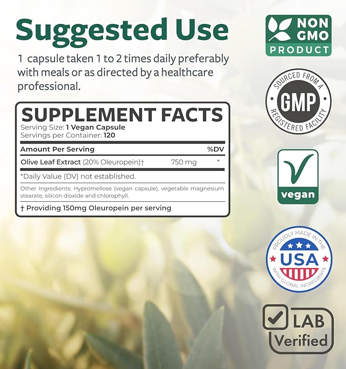 Super Strength Olive Leaf Extract Capsules - Vegan Non-GMO 750mg Olive Extract with 20% Oleuropein Antioxidant Supplement for Immunity Skin and Heart Health Support - Made in The USA (4 Month Supply)