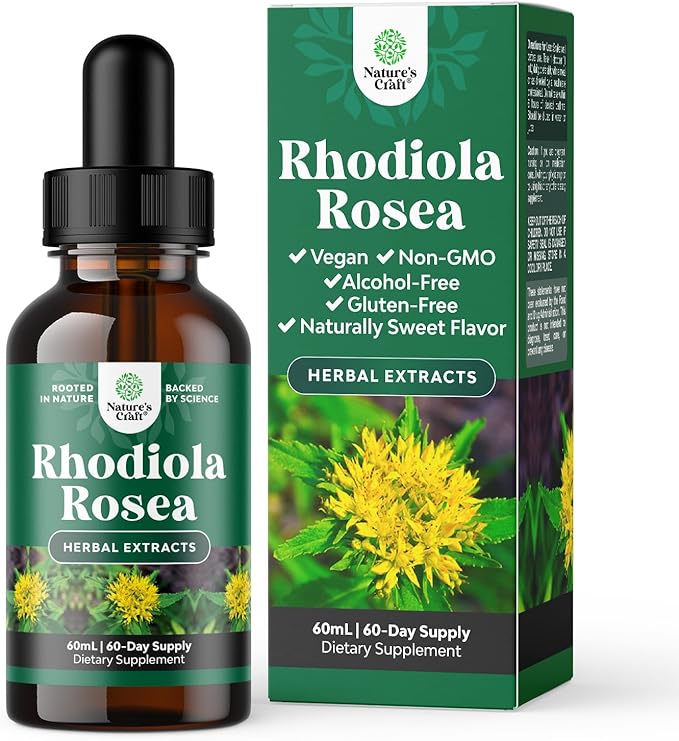 Natures Craft High Potency Rhodiola Rosea Tincture -Liquid Rhodiola Supplement for Stress Energy and Mood Support with 3% Salidrosides Rosea Extract - Vegan Non-GMO & Alcohol-Free (60 Servings)