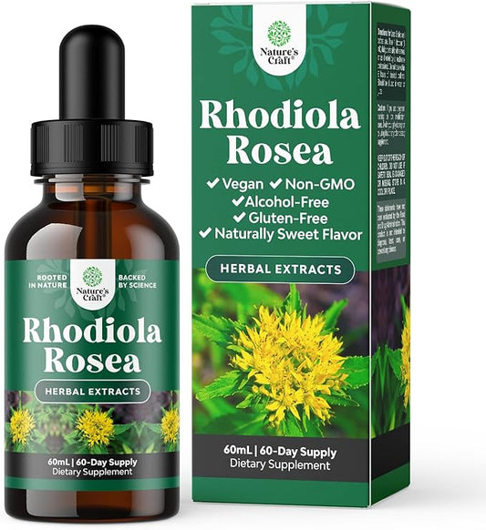 Natures Craft High Potency Rhodiola Rosea Tincture -Liquid Rhodiola Supplement for Stress Energy and Mood Support with 3% Salidrosides Rosea Extract - Vegan Non-GMO & Alcohol-Free (60 Servings)