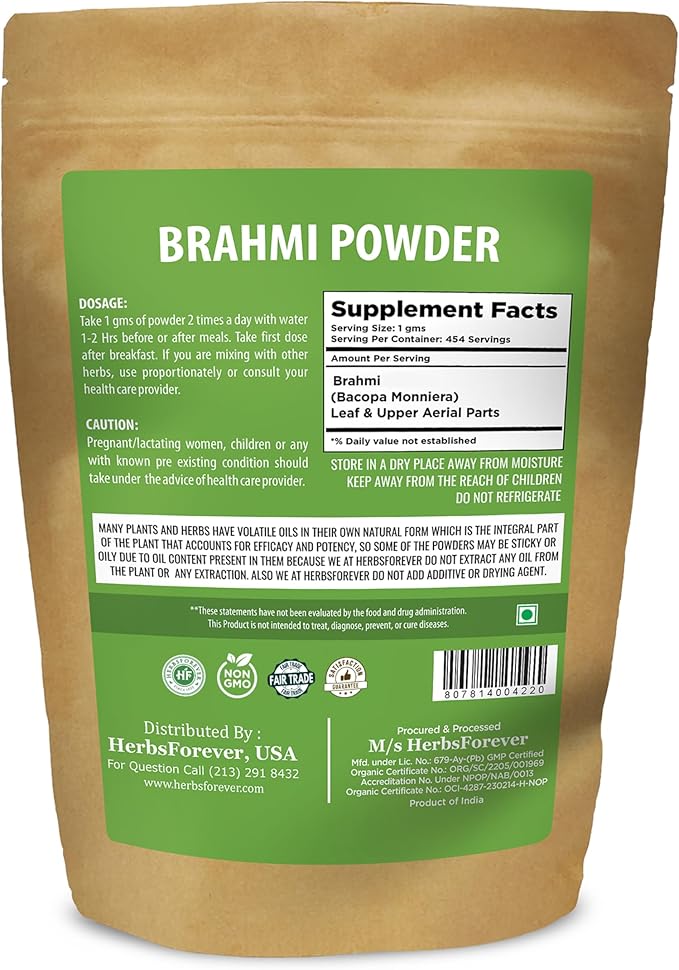 Brahmi Powder I 100% Pure Bacopa Monnieri I Natural Herbal Supplement – Non-GMO, Vegan, Gluten-Free I Supports Wellness – Premium Quality 454 GMS