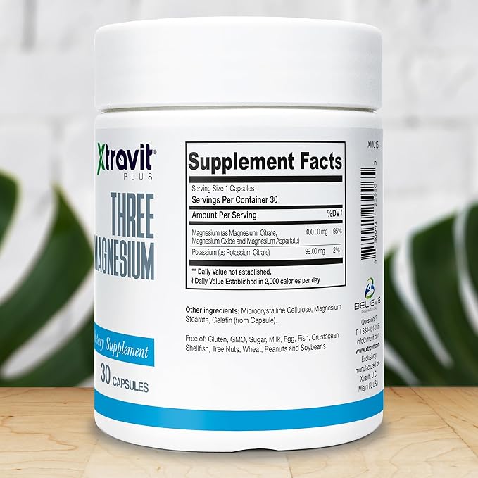 Three Magnesium Supplement – Natural Supplements for Men & Women - Triple Action Blend May Support Sleep, Digestion, Muscles, & Nerves - Non-GMO, No Fillers, 400 mg, 30 Capsules