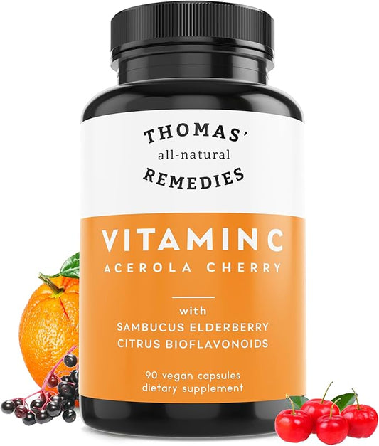 Thomas' all-natural Remedies Vitamin C with Organic Elderberry, Organic Citrus Bioflavonids - Whole Food Supplement - Non-GMO - Raw Vegan - 90 Capsules